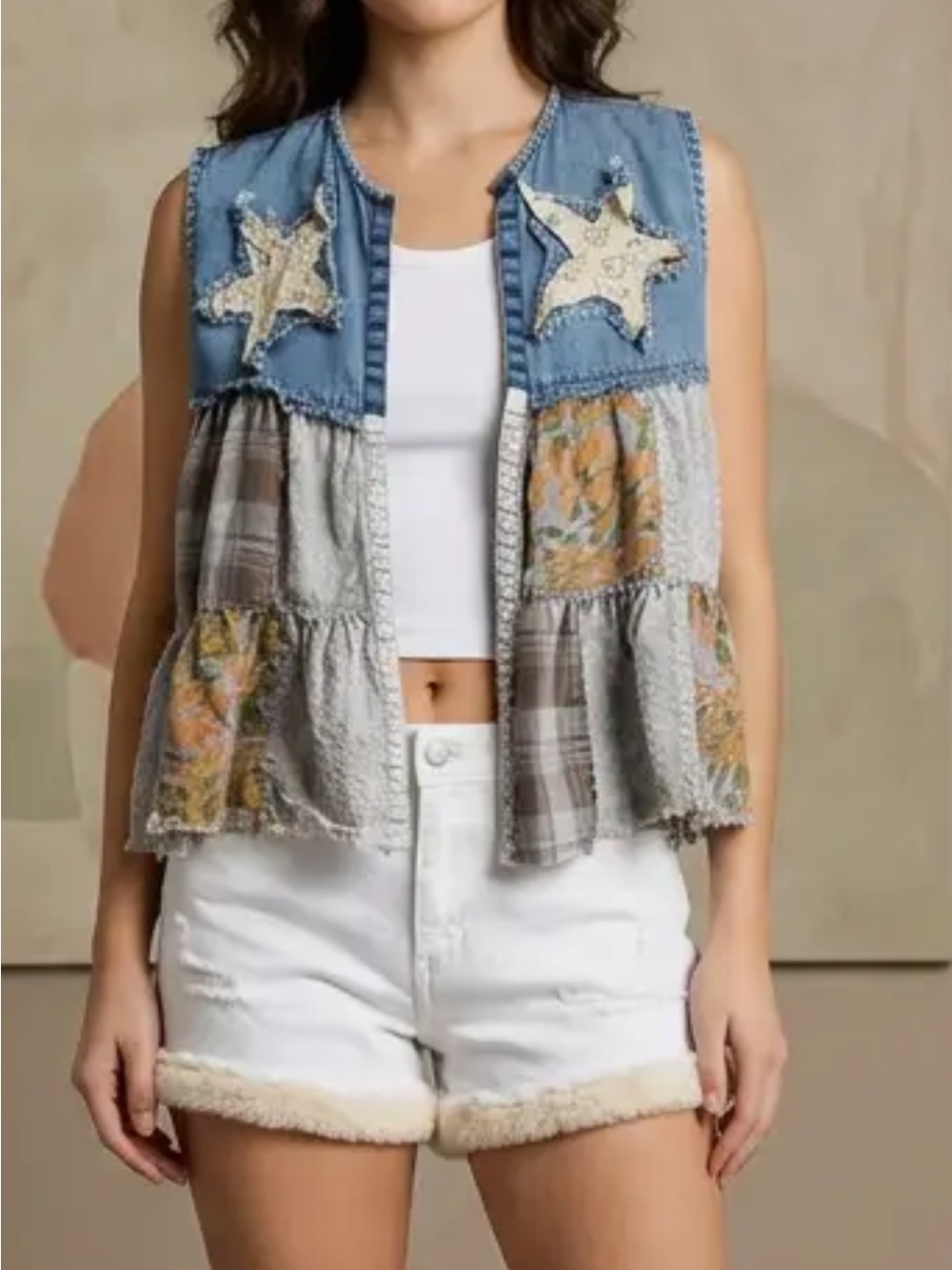 Young Threads Boho Patchwork Star Appliqué Denim Vest